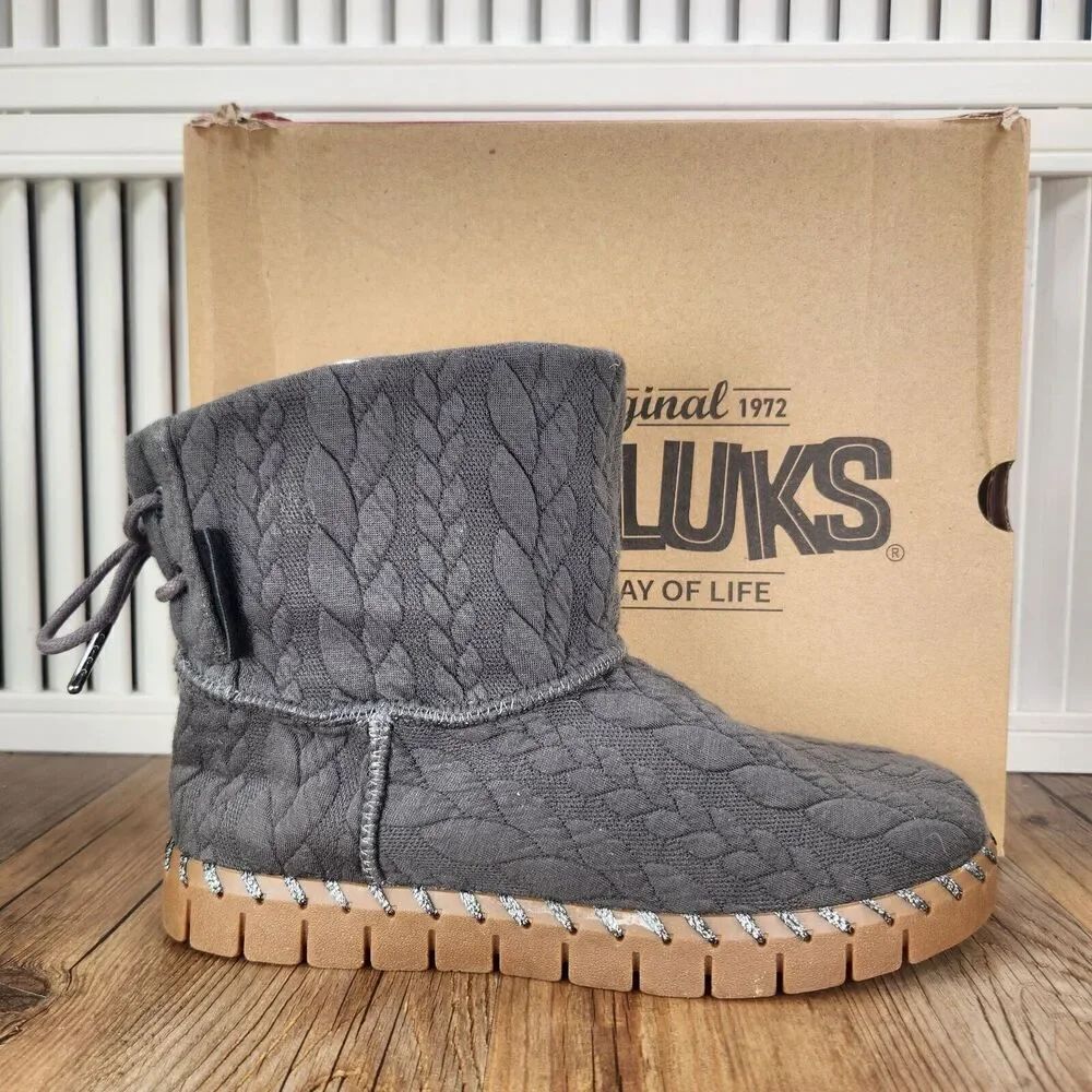 Muk Luks Flexi Hoboken Womens Sz 6.5 Dark Heather Gray Knit Ankle Booties Boots